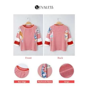 EVALESS 3/4 Length Sleeve Womens Tops Trendy 2025 Spring Summer Crew Neck Oversized Striped Patchwork Shirts Blouse Red XL