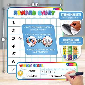 Large Magnetic Reward Chart for Kids - 127 Pre-Written Stickers (Including Potty Training) + 30 Customizable Chores - Behavior, Responsibility & Incentive Routine Star Chart for Fridge (1 Kid Version)