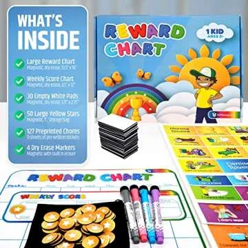 Large Magnetic Reward Chart for Kids - 127 Pre-Written Stickers (Including Potty Training) + 30 Customizable Chores - Behavior, Responsibility & Incentive Routine Star Chart for Fridge (1 Kid Version)