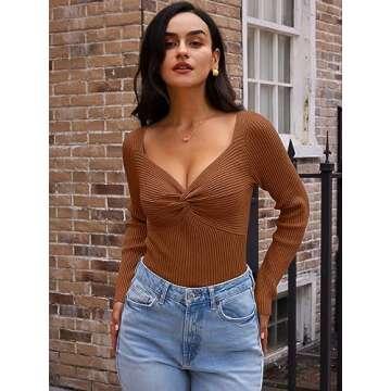 LILLUSORY Women's 2025 Twist Knot Fall Clothes Fashion Outfits Top Ribbed Long Sleeve 2025 Caramel Small