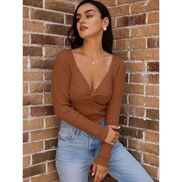 LILLUSORY Women's 2025 Twist Knot Fall Clothes Fashion Outfits Top Ribbed Long Sleeve 2025 Caramel Small