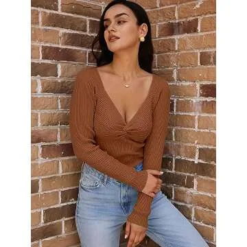 LILLUSORY Women's 2025 Twist Knot Fall Clothes Fashion Outfits Top Ribbed Long Sleeve 2025 Caramel Small
