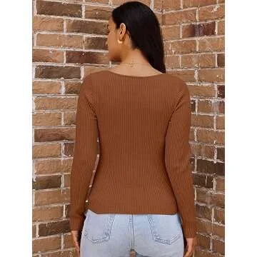 LILLUSORY Women's 2025 Twist Knot Fall Clothes Fashion Outfits Top Ribbed Long Sleeve 2025 Caramel Small
