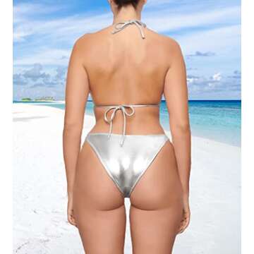 Women Metallic Bikini Swim Sexy Silver Swimsuit Triangle Top and Bottom Set(051,Silver,S)