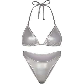 Women Metallic Bikini Swim Sexy Silver Swimsuit Triangle Top and Bottom Set(051,Silver,S)