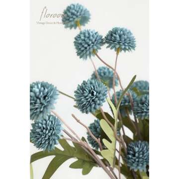 Floroom 5pcs Faux Silk Pompon Mum Artificial Flowers, Bulk Fake Mini Chrysanthemums with Stems for DIY Bouquet Centerpieces Wedding Fillers Slate Blue Arrangements Shower Decorations, Dusty Blue