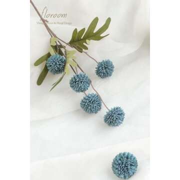 Floroom 5pcs Faux Silk Pompon Mum Artificial Flowers, Bulk Fake Mini Chrysanthemums with Stems for DIY Bouquet Centerpieces Wedding Fillers Slate Blue Arrangements Shower Decorations, Dusty Blue