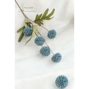 Floroom 5pcs Faux Silk Pompon Mum Artificial Flowers, Bulk Fake Mini Chrysanthemums with Stems for DIY Bouquet Centerpieces Wedding Fillers Slate Blue Arrangements Shower Decorations, Dusty Blue