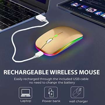 GLOBAL TECH LED Wireless Mouse, Slim Rechargeable Wireless Silent Mouse, 2.4G Portable USB Optical Wireless Cordless Mice with USB Receiver for Laptop, PC, Computer, Mac (Gold)