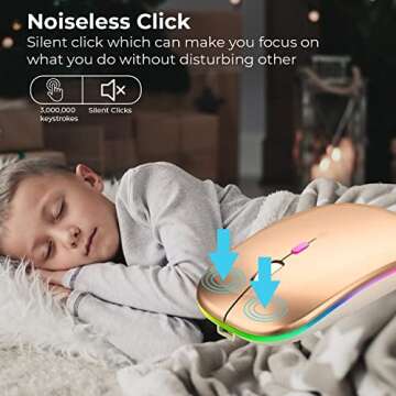 GLOBAL TECH LED Wireless Mouse, Slim Rechargeable Wireless Silent Mouse, 2.4G Portable USB Optical Wireless Cordless Mice with USB Receiver for Laptop, PC, Computer, Mac (Gold)