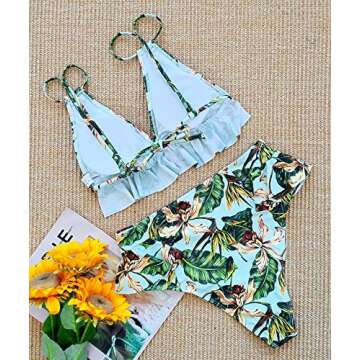 SPORLIKE Ruffle High Waisted Swimsuit Women Triangle Top Bikini Padded Swimwear(Floral 4/Green,Medium)