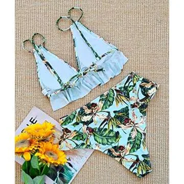 SPORLIKE Ruffle High Waisted Swimsuit Women Triangle Top Bikini Padded Swimwear(Floral 4/Green,Medium)