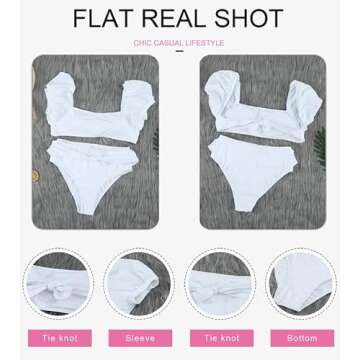 Dokotoo Women's Bikini Swimsuits Ladies Bubble Sleeves Tie Waist Back Bandeau High Waisted Bikini Set Cute Solid Padded Two Pieces Bathing Suit Bikinis for Women White Medium