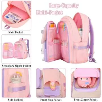KBGPW 3pcs Girls Backpack With Lunch Box & Pencil Case,Cute Rabbit Kids School Backpack Set For Kindergarten & Elementary School (Style A Purple-16.5in)