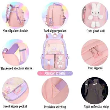 KBGPW 3pcs Girls Backpack With Lunch Box & Pencil Case,Cute Rabbit Kids School Backpack Set For Kindergarten & Elementary School (Style A Purple-16.5in)