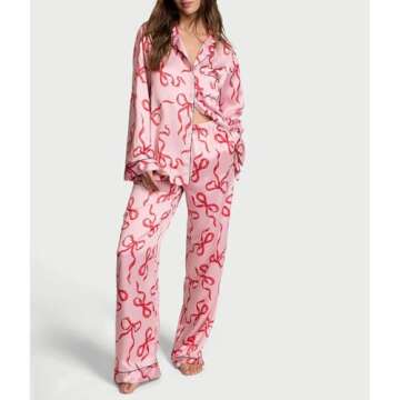 JINZIYINZI Bow Pajamas for Women Silk Satin Long Sleeve Shirt and Pants Set Cute 2 Piece Christmas P...