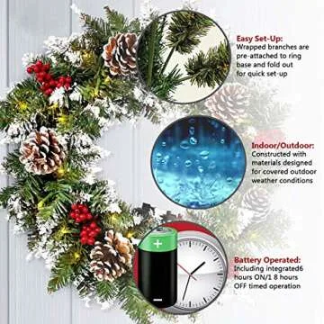 Christmas Wreath for Front Door, Pre-lit Christmas Winter Home Adornment Wreath with 50 Lights and Mixed Decorations for Front Door Indoor Window Wall Décor (18 inch - Battery Not Included)