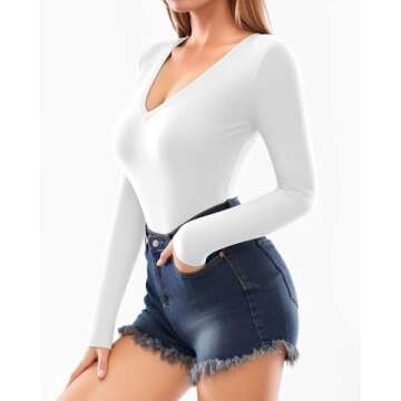 MANGOPOP Deep V Neck Long Sleeve Shirts for Women Sexy Slim Fitted T Shirt Tops