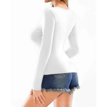 MANGOPOP Deep V Neck Long Sleeve Shirts for Women Sexy Slim Fitted T Shirt Tops