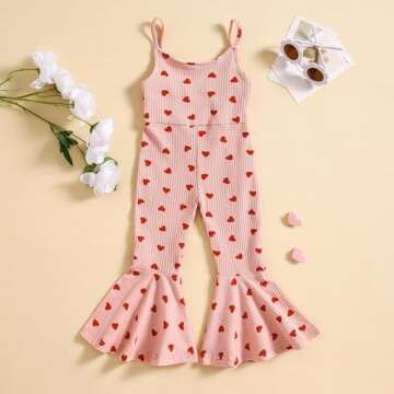 Guodeunh Toddler Baby Girls Bell-Bottoms Jumpsuit Ribbed Sleeveless Spaghetti Straps Romper Heart Print Valentines Outfit (Pink, 18-24 Months)