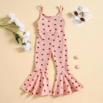 Guodeunh Toddler Baby Girls Bell-Bottoms Jumpsuit Ribbed Sleeveless Spaghetti Straps Romper Heart Pr...