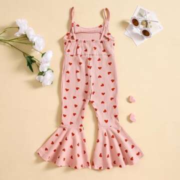 Guodeunh Toddler Baby Girls Bell-Bottoms Jumpsuit Ribbed Sleeveless Spaghetti Straps Romper Heart Print Valentines Outfit (Pink, 18-24 Months)