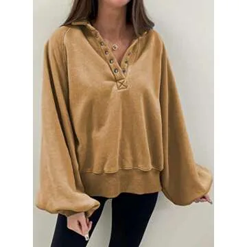 Dokotoo Womens Sweatshirts Buttoned Crewneck Oversized Loose Comfy Long Sleeve Lantern Sleeve Sweatshirts for Women Pullover Casual Fashion Winter Fall Shirt Tops Khaki Medium