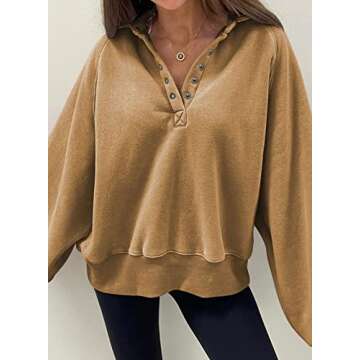 Dokotoo Womens Sweatshirts Buttoned Crewneck Oversized Loose Comfy Long Sleeve Lantern Sleeve Sweatshirts for Women Pullover Casual Fashion Winter Fall Shirt Tops Khaki Medium