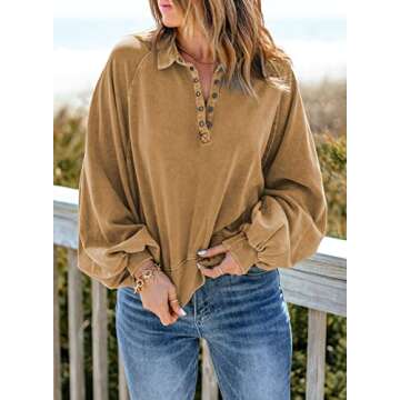 Dokotoo Womens Sweatshirts Buttoned Crewneck Oversized Loose Comfy Long Sleeve Lantern Sleeve Sweatshirts for Women Pullover Casual Fashion Winter Fall Shirt Tops Khaki Medium