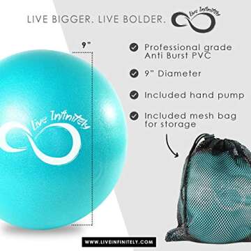 Live Infinitely Pilates Ball 9 Inch with Pump | Small Yoga Balls with Digital Workout eBook | Mini Stability Ball for Pilates, Barre, Yoga & Home Exercise (Teal)