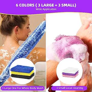 MZD8391 6 Pieces African Exfoliating Net, Nylon Bath Sponge African Net， Exfoliating Body Shower Scrubber, Long Back Scrubber, Daily Skin Smoother (Blue, Yellow, Black, Beige, Purple, Pink)
