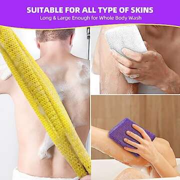 MZD8391 6 Pieces African Exfoliating Net, Nylon Bath Sponge African Net， Exfoliating Body Shower Scrubber, Long Back Scrubber, Daily Skin Smoother (Blue, Yellow, Black, Beige, Purple, Pink)