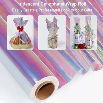 34 in x 66 Ft Iridescent Cellophane Wrap Roll - Extra Wide Cellophane Paper Roll - Iridescent Transparent Cellophane Roll Plastic Wrap for Gift Baskets, Treats, Crafts, Party & Christmas Gift Wrapping