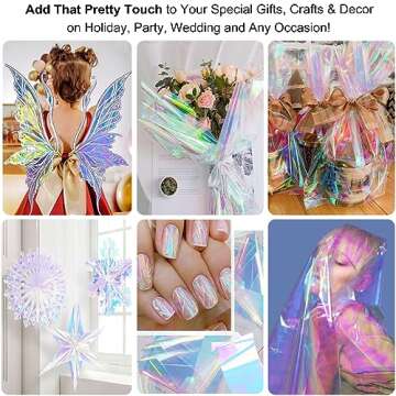 34 in x 66 Ft Iridescent Cellophane Wrap Roll - Extra Wide Cellophane Paper Roll - Iridescent Transparent Cellophane Roll Plastic Wrap for Gift Baskets, Treats, Crafts, Party & Christmas Gift Wrapping