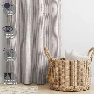 THE ART BOX Natural Linen Gauze Tab Top Semi Sheer Blackout Striped Curtains for Bedroom Light Filtering Linen Substitute Window Home Décor Curtain, Blue on Beige, 2 Panel Set (84 x 42 inches Each)