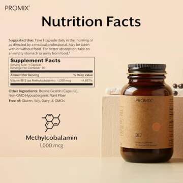 Promix Nutrition Vitamin B12 Supplement - 1000mcg as Methylcobalamin - Gut Friendly - 90 Count