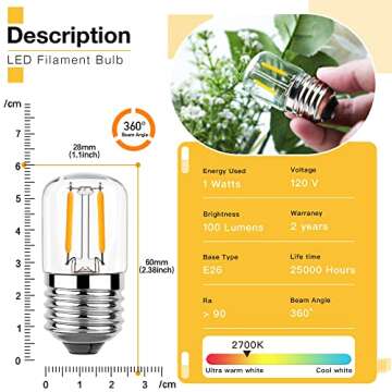 Genixgreen Low Watt Light Bulb, LED Night Light Bulb 10W Equivalent,T28 1 Watt Tiny LED Fridge Bulb ...
