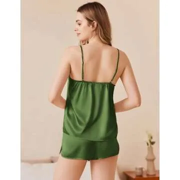 Ekouaer Silk Pajamas Set for Women Satin Camisole Sleepwear Lingerie V-Neck Cami Top and Shorts Pjs Army Green