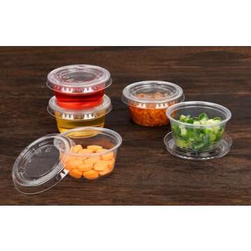 EDI [2 OZ, 100 Sets] Clear Disposable Plastic Portion Cups with Leakproof Lids | Jello Shot Cups | Condiment and Dipping Sauce Cups | Souffle Cups | BPA Free | Recyclable