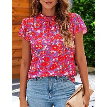 SimpleFun Short Sleeve Blouses for Women Casual Ruffle Neck Summer Boho Flowy Top Shirt Floral Pink ...