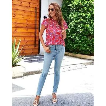 SimpleFun Floral Short Sleeve Blouse Top for Women