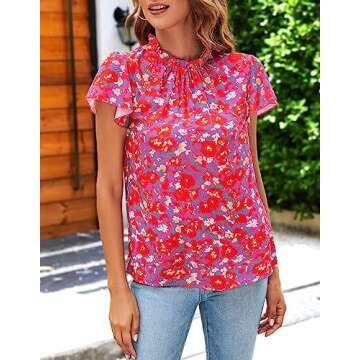 SimpleFun Floral Short Sleeve Blouse Top for Women