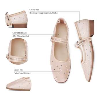 DOEYG Mesh Ballet Flats for Women Rhinestone Mary Jane Flats with Strap Sparkly Square Toe Embellished Flats Shoes Comfortable Casual Dress Ballerina Shoes