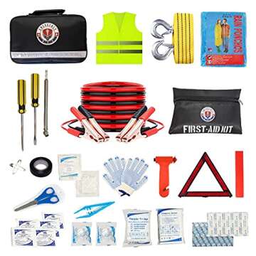 Roadside Assistance Emergency Car Kit - First Aid Kit, Jumper Cables, Tow Strap, led Flash Light, Ra...