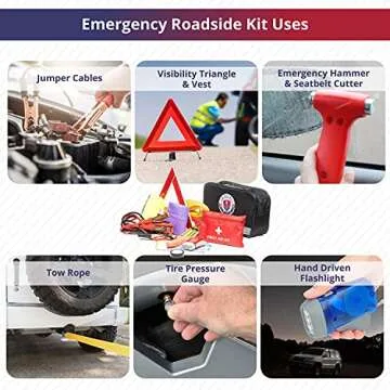 Roadside Assistance Emergency Car Kit - First Aid Kit, Jumper Cables, Tow Strap, led Flash Light, Rain Coat, Tire Pressure Gauge, Safety Vest and More Ideal Winter Accessory for Your Car (Black)