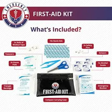 Roadside Assistance Emergency Car Kit - First Aid Kit, Jumper Cables, Tow Strap, led Flash Light, Rain Coat, Tire Pressure Gauge, Safety Vest and More Ideal Winter Accessory for Your Car (Black)