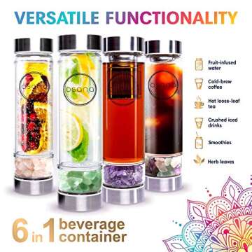 OSANA Crystal Water Bottle with 3 Changeable Healing Crystals - Amethyst, Rose Quartz, Green Fluorite - Loose Leaf Tea Bottle - Gem Elixir Infused Glass - 16.9 oz