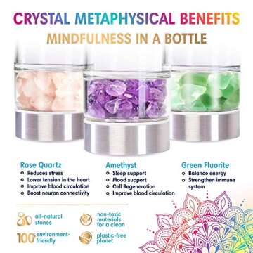 OSANA Crystal Water Bottle with 3 Changeable Healing Crystals - Amethyst, Rose Quartz, Green Fluorite - Loose Leaf Tea Bottle - Gem Elixir Infused Glass - 16.9 oz