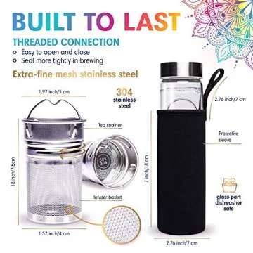 OSANA Crystal Water Bottle with 3 Changeable Healing Crystals - Amethyst, Rose Quartz, Green Fluorite - Loose Leaf Tea Bottle - Gem Elixir Infused Glass - 16.9 oz