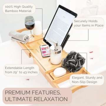 Bamboo Bathtub Tray Caddy Expandable - Over The Tub Bath Caddy Tray for Bathtub Accessories for Relaxing Spa, Bamboo Bath Tray for Tub Accessories for Bathtub for Women. Bath Spa Gifts for Women.